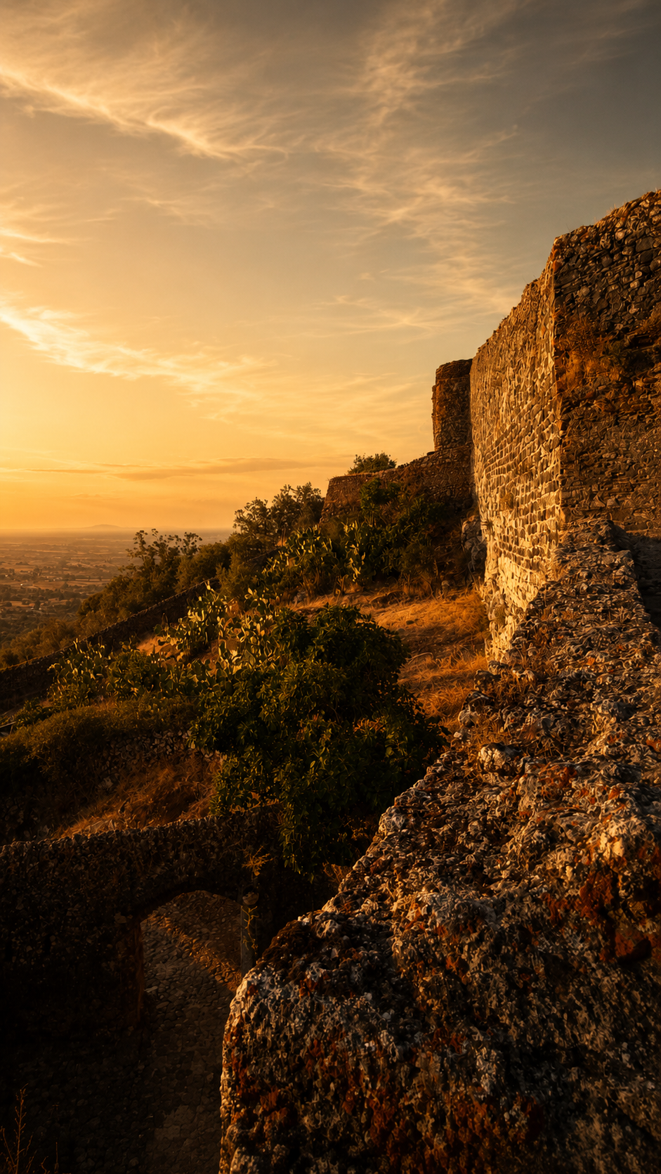 Ruined section of the medieval walls of Castelo de Vide, overgrown with vegetation