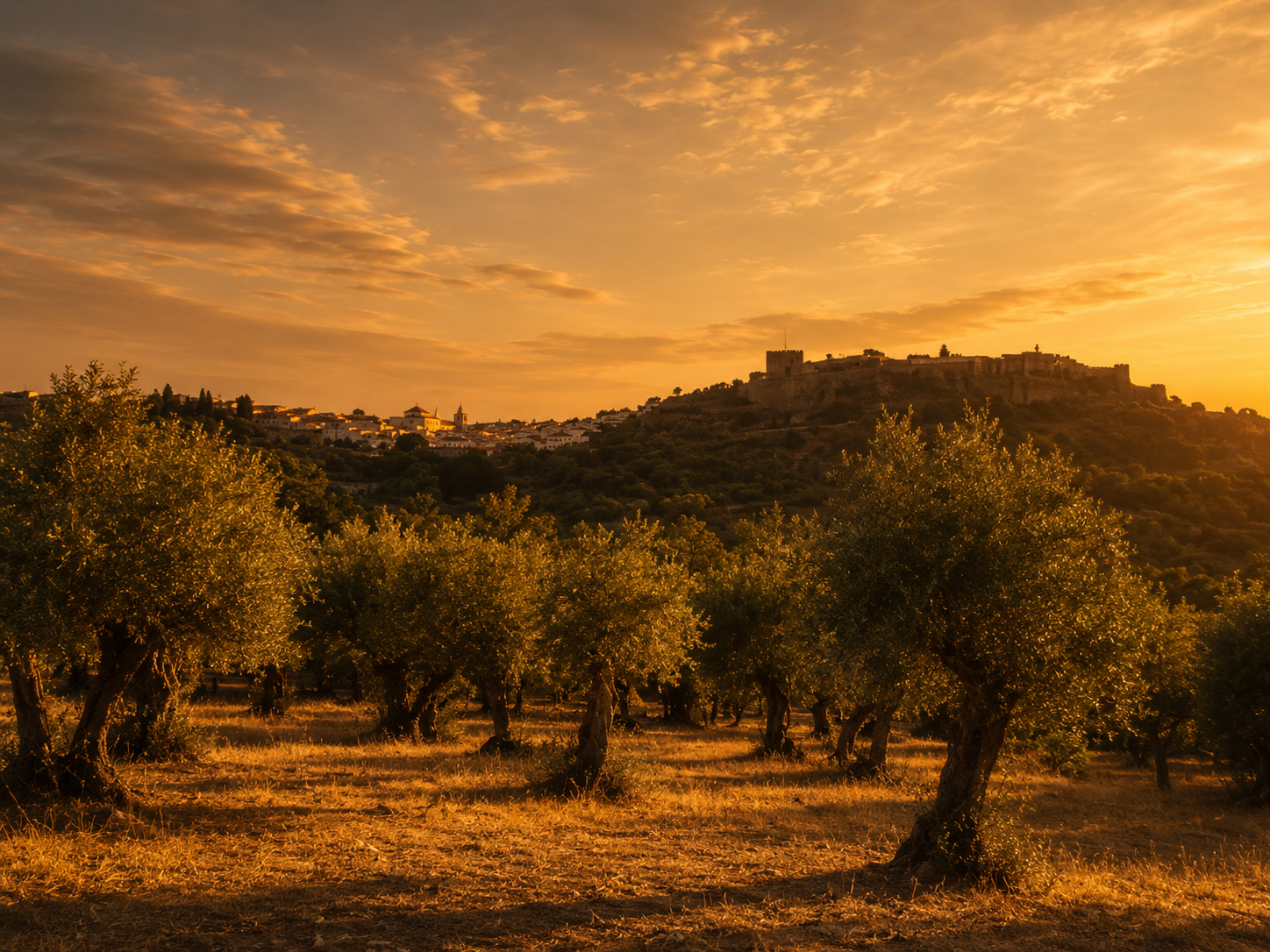 Castelo de Vide seen across an olive grove, castle silhouette on the hilltop at golden hour